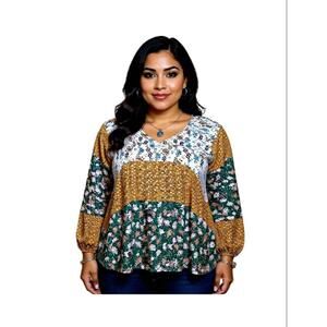 Womens long sleeve Blouse Top Boho Peaseant Floral Color Block  Patchwork Sz M-L